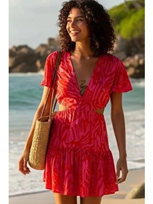 Soft Desenli Kısa Kol Dekolte Bel Mini Elbise Pembe