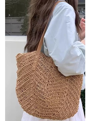 Fashion Cocktail Tek Omuz Deri Askılı Hasır Sahil Çantası