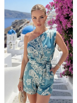 Fashion Cocktail Tek Omuz Kemerli Yumuşak Saten Desenli Cepli Kokteyl Davet Gece Kadın Tulum