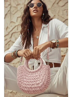 Fashion Cocktail Katı Sert Örgü Yarım Ay Saplı Askılı Astar Büzgülü Bohem Minik Mini Boy Hasır Çanta