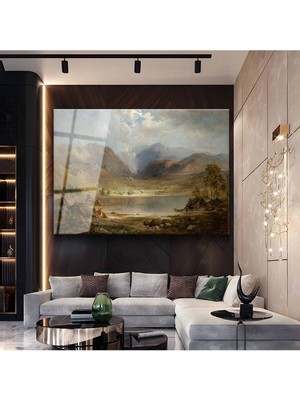 Limitless Design Thomas Moran Dağlık Vadi Göl Peyzajı Cam Tablo Dijital Baskı Duvar Tablosu Dekor Tablo