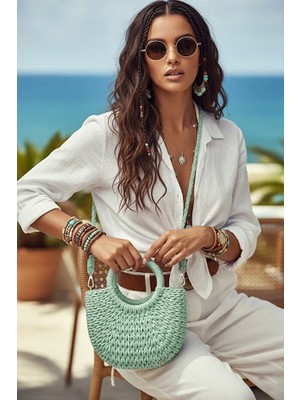 Fashion Cocktail Katı Sert Örgü Yarım Ay Saplı Askılı Astar Büzgülü Bohem Minik Mini Boy Hasır Çanta