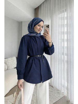 RFK Butik Kadın Omuz Volanlı Gizli Düğmeli Bel Kemerli Gömlek - Lacivert