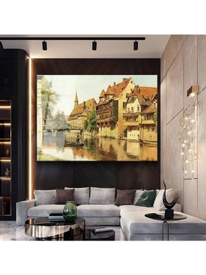 Limitless Design Carl Spitzweg Nehir Kenarı Tarihi Evler Cam Tablo Dijital Baskı Duvar Tablosu Dekor Tablo