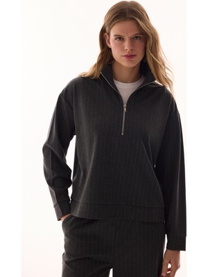 Penti Antrasit Yarım Fermuarlı Çizgili Polo Yaka Sweatshirt