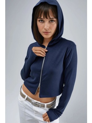 Hiccup Kadın Busem Kapüşonlu Fermuarlı Normal Kesim Ceket Lacivert