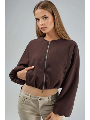 Hiccup Kadın Busem Fermuarlı ve Cepli Kısa Gabardin Ceket Kahve Kahvesi