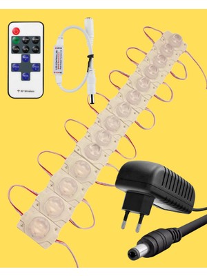 Powerr Led Aydınlatma 20 Adet 24 Volt 1,5 Watt Tek Lensli 3000K Günışığı 3030 Smd LED Modül 12A Tek Renk Rf Dimmer 2A Priz Tipi Adaptör Set