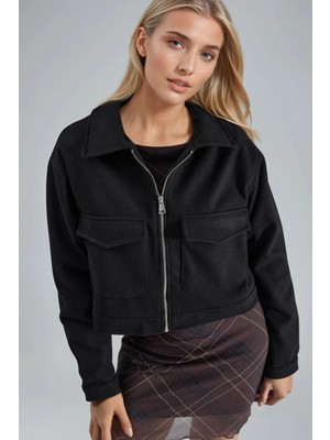 Hiccup Kadın Busem Fermuarlı ve Cepli Kısa Kaşe Ceket Siyah