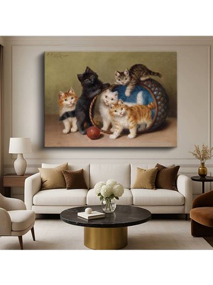 Limitless Design Henriette Ronner-Knip Sepetteki Yavru Kediler Hayvan Resmi Kanvas Tablo Klasik Ressam Tablosu