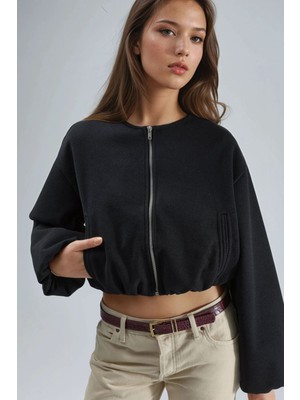 Hiccup Kadın Busem Fermuarlı ve Cepli Kısa Gabardin Ceket Siyah