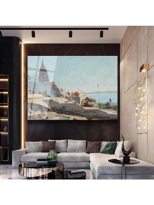 Limitless Design Edwin Lord Weeks Ganj Nehri Kıyısı Hindistan Cam Tablo Dijital Baskı Duvar Tablosu Dekor Tablo
