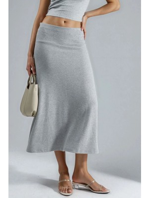 Hiccup Kadın Busem A Kesim Dokulu Midi Etek Açık Gri