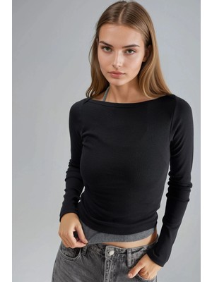 Hiccup Kadın Busem Dar Kesim Fitilli Kayık Yaka Bluz Siyah