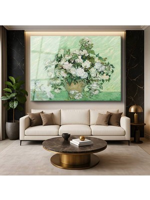 Limitless Design Vincent Van Gogh Vazoda Beyaz Güller Çiçek Natürmortu Cam Tablo Dijital Baskı Duvar Tablosu