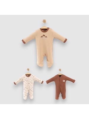 Bebeva Baby Yenidoğan Bebek %100 Pamuklu Mantar Nakışlı Vernon Serisi 3'lü Patikli Tulum Seti