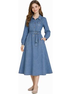 İrem Çocuk Giyim Kız Çocuk Beli Kemerli Cepli Düğme Kapamalı Mavi Renk Uzun Boy Kot Elbise