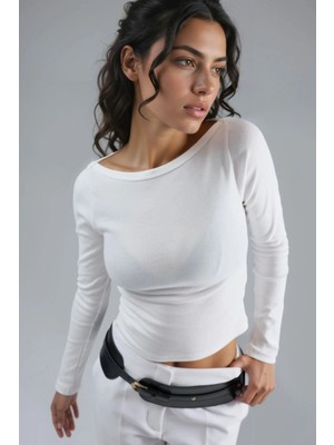 Hiccup Kadın Busem Dar Kesim Fitilli Kayık Yaka Bluz Beyaz