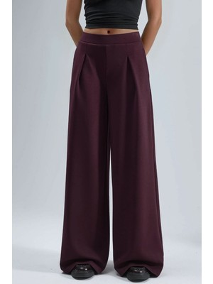 Hiccup Kadın Busem Lastikli Bel Pileli Palazzo Pantolon Bordo Kırmızı