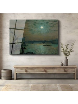 Limitless Design John Atkinson Grimshaw Ay Işığı Thames Nehri Cam Tablo Dijital Baskı Duvar Tablosu Dekor Tablo