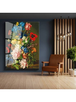 Limitless Design Jan Van Huysum Bahar Çiçekleri Renkli Buket Cam Tablo Dijital Baskı Duvar Tablosu Dekor Tablo