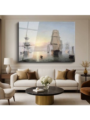 Limitless Design Fitz Hugh Lane Durgun Deniz Yelkenliler Resmi Cam Tablo Dijital Baskı Duvar Tablosu Dekor Tablo