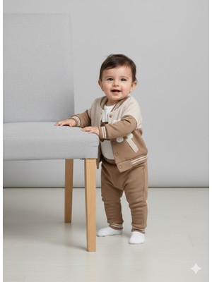 Ayıcık Nakışlı Waffle Kumaş Erkek Bebek 3’lü Takım – Kolej Ceket, Zıbın ve Pantolon