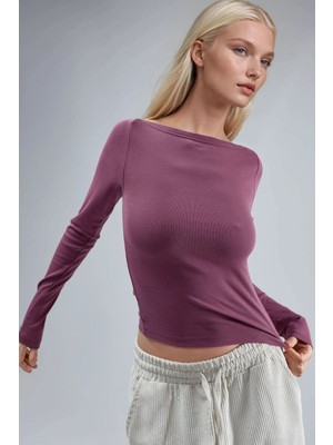 Hiccup Kadın Busem Dar Kesim Fitilli Kayık Yaka Bluz Leylak Moru