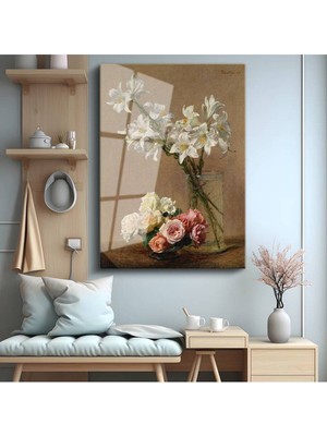 Limitless Design Henri Fantin-Latour Zambak Güller Çiçek Buketi Cam Tablo Dijital Baskı Duvar Tablosu Dekor Tablo