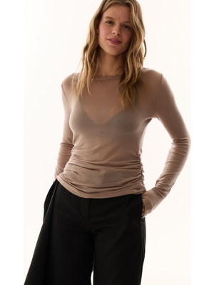 Penti Koyu Bej Kaşmir Karışımlı Kayık Yaka Uzun Kollu Üst