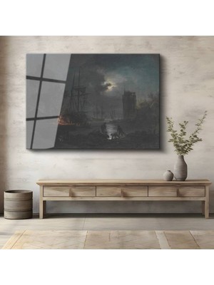 Limitless Design Joseph M. W. Turner Ay Işığı Liman Gece Manzarası Cam Tablo Dijital Baskı Duvar Tablosu Dekor Tablo