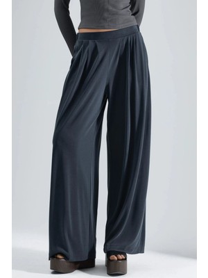 Hiccup Kadın Busem Cepli Pileli Geniş Paça Pantolon Koyu Gri