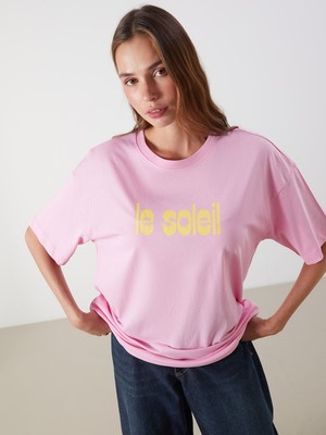 Lc Waikiki Yeni Sezon Bisiklet Yaka Baskılı Oversize Kadın Tişört