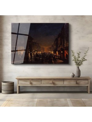 Limitless Design John Atkinson Grimshaw Gece Şehir Sokağı Işık Manzarası Cam Tablo Dijital Baskı Duvar Tablosu