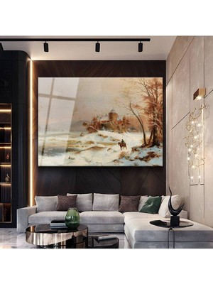 Limitless Design Andreas Schelfhout Kış Kar Manzarası Cam Tablo Dijital Baskı Duvar Tablosu Dekor Tablo