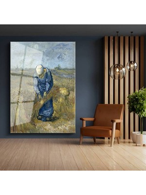 Limitless Design Vincent Van Gogh Buğday Bağlayan Kadın Çiftçi Cam Tablo Dijital Baskı Duvar Tablosu Dekor Tablo