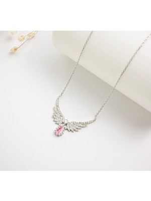 925 Ayar Gümüş Melek Kanatlı Su Damlası Pembe Taşlı Kolye