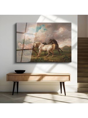 Limitless Design George Stubbs Çayır Atları Hayvan Manzarası Cam Tablo Dijital Baskı Duvar Tablosu Dekor Tablo