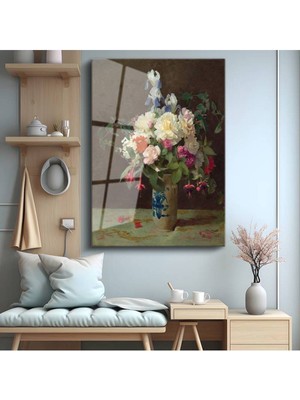 Limitless Design Henri Fantin-Latour Renkli Çiçek Buketi Cam Tablo Dijital Baskı Duvar Tablosu Dekor Tablo