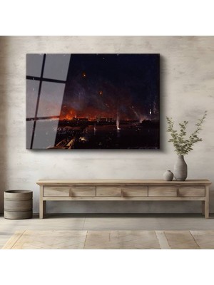 Limitless Design Joseph Mallord William Turner Gece Yangını Şehir Manzarası Cam Tablo Dijital Baskı Duvar Tablosu