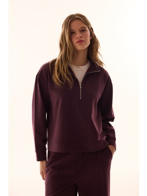 Penti Bordo Yarım Fermuarlı Çizgili Polo Yaka Sweatshirt