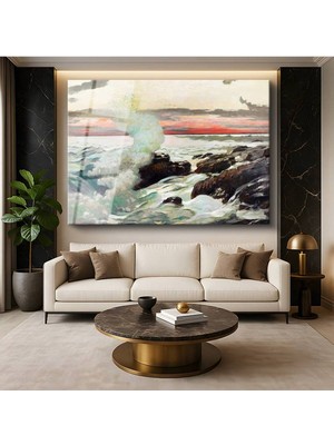 Limitless Design Winslow Homer Gün Batımı Sahil Deniz Manzarası Cam Tablo Dijital Baskı Duvar Tablosu Dekor Tablo