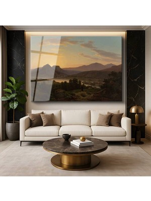 Limitless Design Albert Bierstadt Dağ Gölü Günbatımı Doğa Manzarası Cam Tablo Dijital Baskı Duvar Tablosu Dekor Tablo