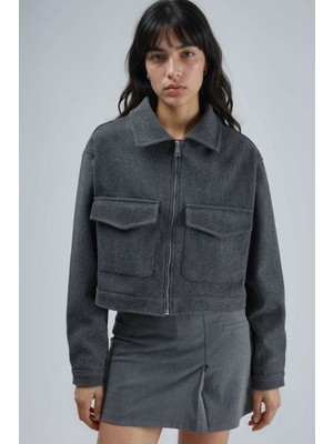 Hiccup Kadın Busem Fermuarlı ve Cepli Kısa Kaşe Ceket Koyu Gri