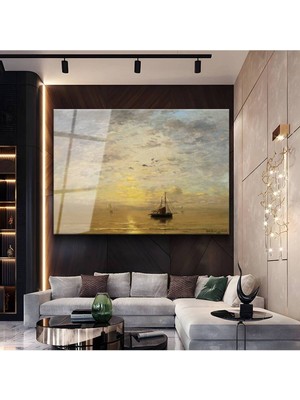 Limitless Design Hendrik Willem Mesdag Günbatımı Tekneler Deniz Manzarası Cam Tablo Dijital Baskı Duvar Tablosu