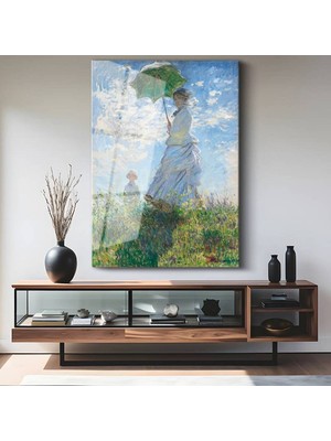 Limitless Design Claude Monet Şemsiyeli Zarif Kadın Cam Tablo Dijital Baskı Duvar Tablosu Dekor Tablo
