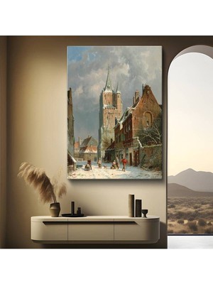 Limitless Design Adrianus Eversen Kış Kar Manzarası Kanvas Tablo Sanat Tablosu Klasik Ressam Tablosu