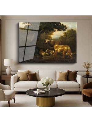 Limitless Design Aelbert Cuyp Nehir Kenarı Sığırlar Hayvan Resmi Cam Tablo Dijital Baskı Duvar Tablosu Dekor Tablo