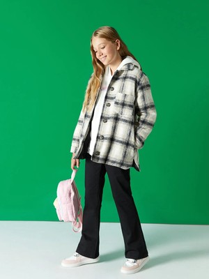 LC Waikiki Lcw Kids Siyah Ekose Kız Çocuk Kaşe Mont