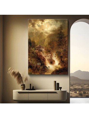 Limitless Design Albert Bierstadt Dağ Evleri Şelale Manzarası Kanvas Tablo Sanat Tablosu Klasik Ressam Tablosu